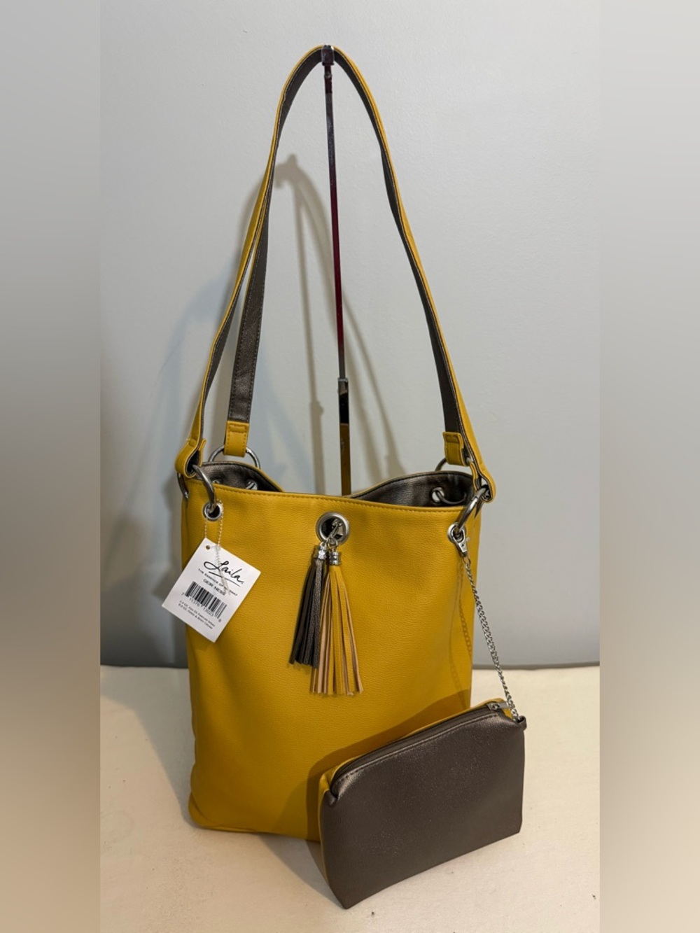 Geir Ness Laila Reversible Yellow Silver Shoulder Tote Bag with Tassel and Pouch